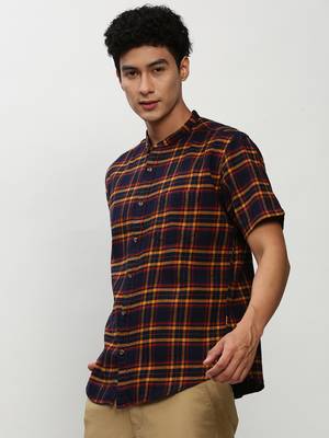 men's short sleeves tartan checks navy blue shirt 3