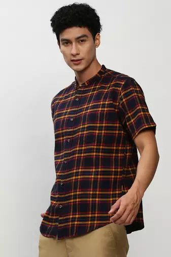 men's short sleeves tartan checks navy blue shirt