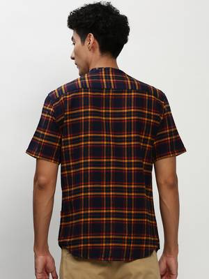 men's short sleeves tartan checks navy blue shirt 4