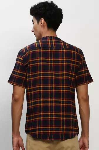 men's short sleeves tartan checks navy blue shirt
