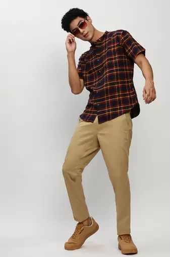men's short sleeves tartan checks navy blue shirt
