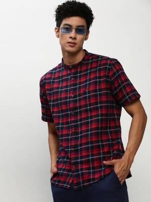 men's short sleeves tartan checks navy blue shirt 1