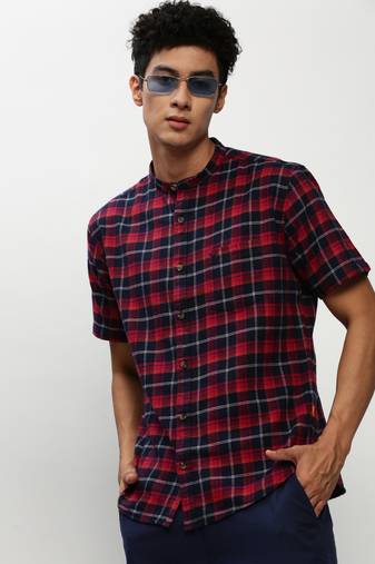 men's short sleeves tartan checks navy blue shirt
