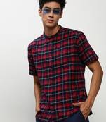 men's short sleeves tartan checks navy blue shirt