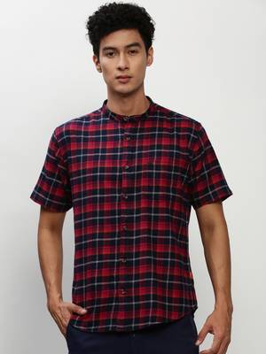 men's short sleeves tartan checks navy blue shirt 2