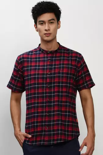 men's short sleeves tartan checks navy blue shirt