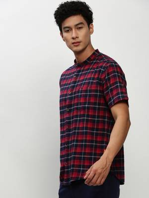 men's short sleeves tartan checks navy blue shirt 3
