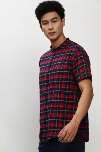 men's short sleeves tartan checks navy blue shirt