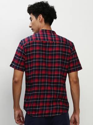 men's short sleeves tartan checks navy blue shirt 4