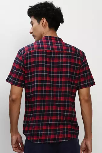 men's short sleeves tartan checks navy blue shirt