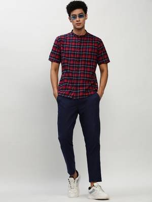 men's short sleeves tartan checks navy blue shirt 5