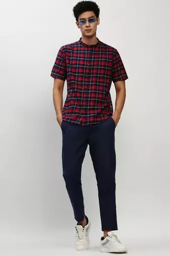 men's short sleeves tartan checks navy blue shirt