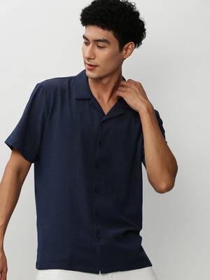 men's short sleeves solid navy blue shirt 1