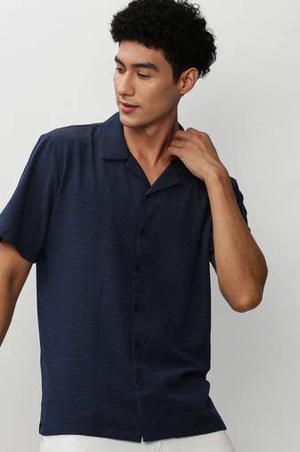 men's short sleeves solid navy blue shirt