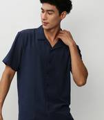 men's short sleeves solid navy blue shirt