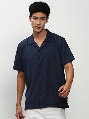 men's short sleeves solid navy blue shirt 2