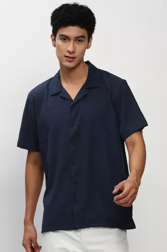 men's short sleeves solid navy blue shirt