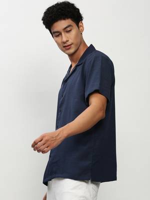men's short sleeves solid navy blue shirt 3