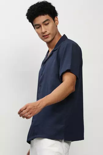 men's short sleeves solid navy blue shirt