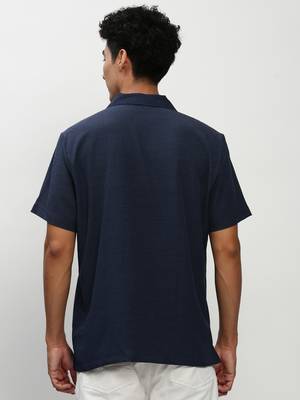 men's short sleeves solid navy blue shirt 4