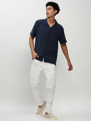 men's short sleeves solid navy blue shirt 5