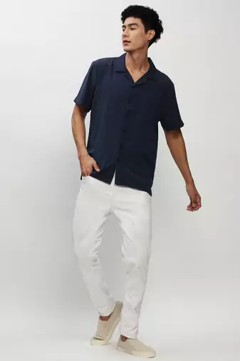 men's short sleeves solid navy blue shirt