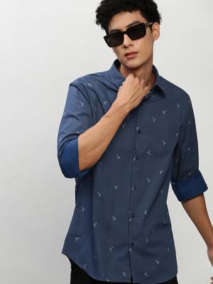 men's long sleeves pinstripes navy blue shirt 1