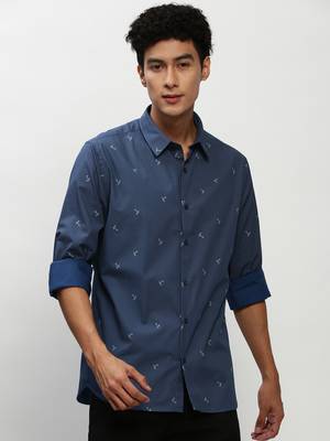 men's long sleeves pinstripes navy blue shirt 2