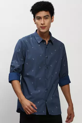 men's long sleeves pinstripes navy blue shirt