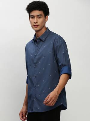 men's long sleeves pinstripes navy blue shirt 3