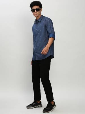 men's long sleeves pinstripes navy blue shirt 5