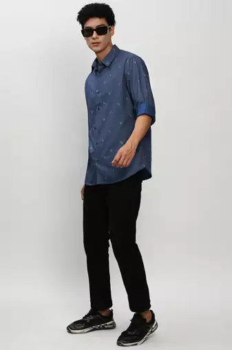 men's long sleeves pinstripes navy blue shirt