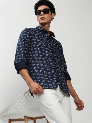 men's long sleeves conversational navy blue shirt 1