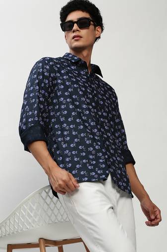 men's long sleeves conversational navy blue shirt