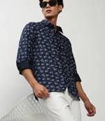 men's long sleeves conversational navy blue shirt