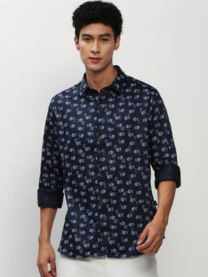 men's long sleeves conversational navy blue shirt 2