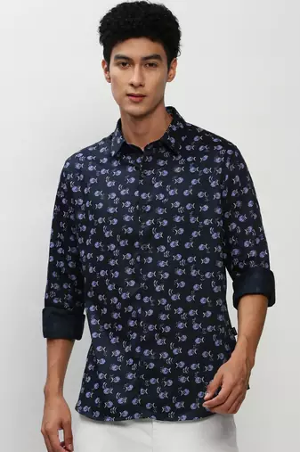 men's long sleeves conversational navy blue shirt