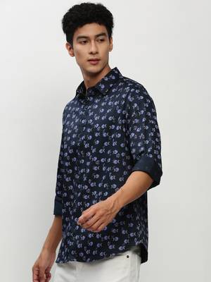 men's long sleeves conversational navy blue shirt 3