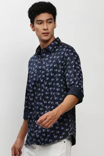 men's long sleeves conversational navy blue shirt