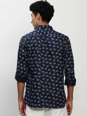 men's long sleeves conversational navy blue shirt 4
