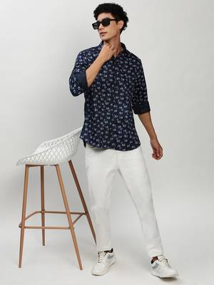 men's long sleeves conversational navy blue shirt 5