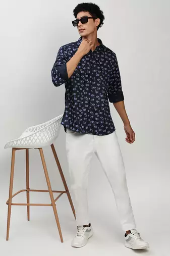 men's long sleeves conversational navy blue shirt