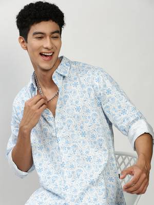 men's long sleeves ethnic motifs blue shirt 1