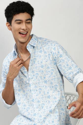men's long sleeves ethnic motifs blue shirt