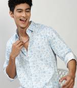 men's long sleeves ethnic motifs blue shirt