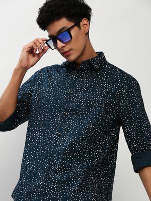 men's long sleeves micro ditsy teal shirt 1