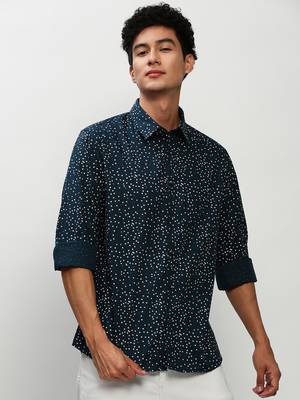 men's long sleeves micro ditsy teal shirt 2