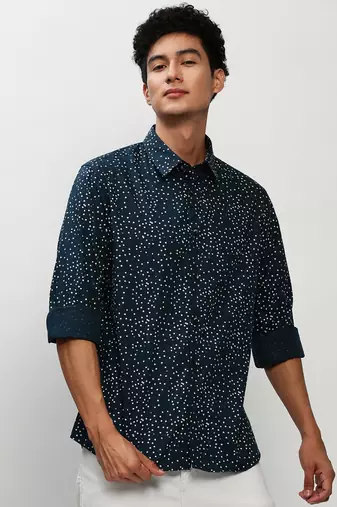 men's long sleeves micro ditsy teal shirt
