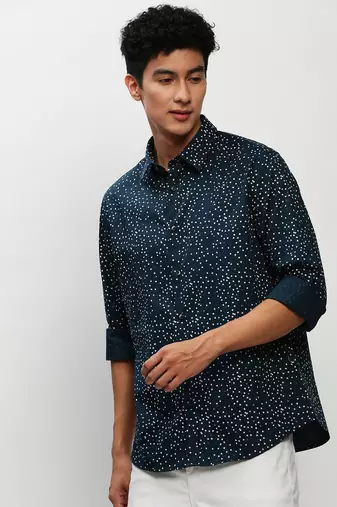 men's long sleeves micro ditsy teal shirt