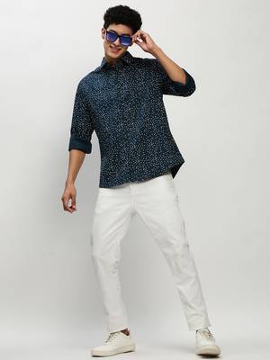 men's long sleeves micro ditsy teal shirt 5